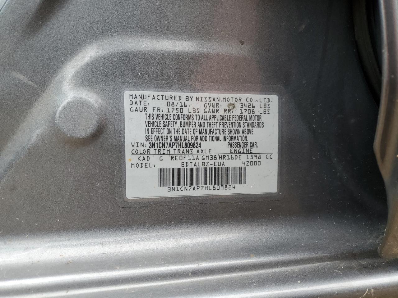 2017 Nissan Versa S VIN: 3N1CN7AP7HL809824 Lot: 64852325