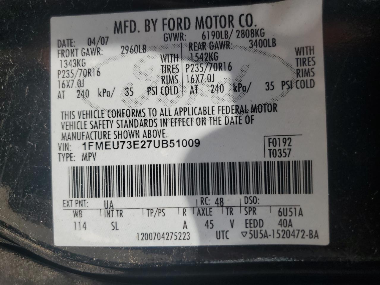 2007 Ford Explorer Xlt VIN: 1FMEU73E27UB51009 Lot: 62116945