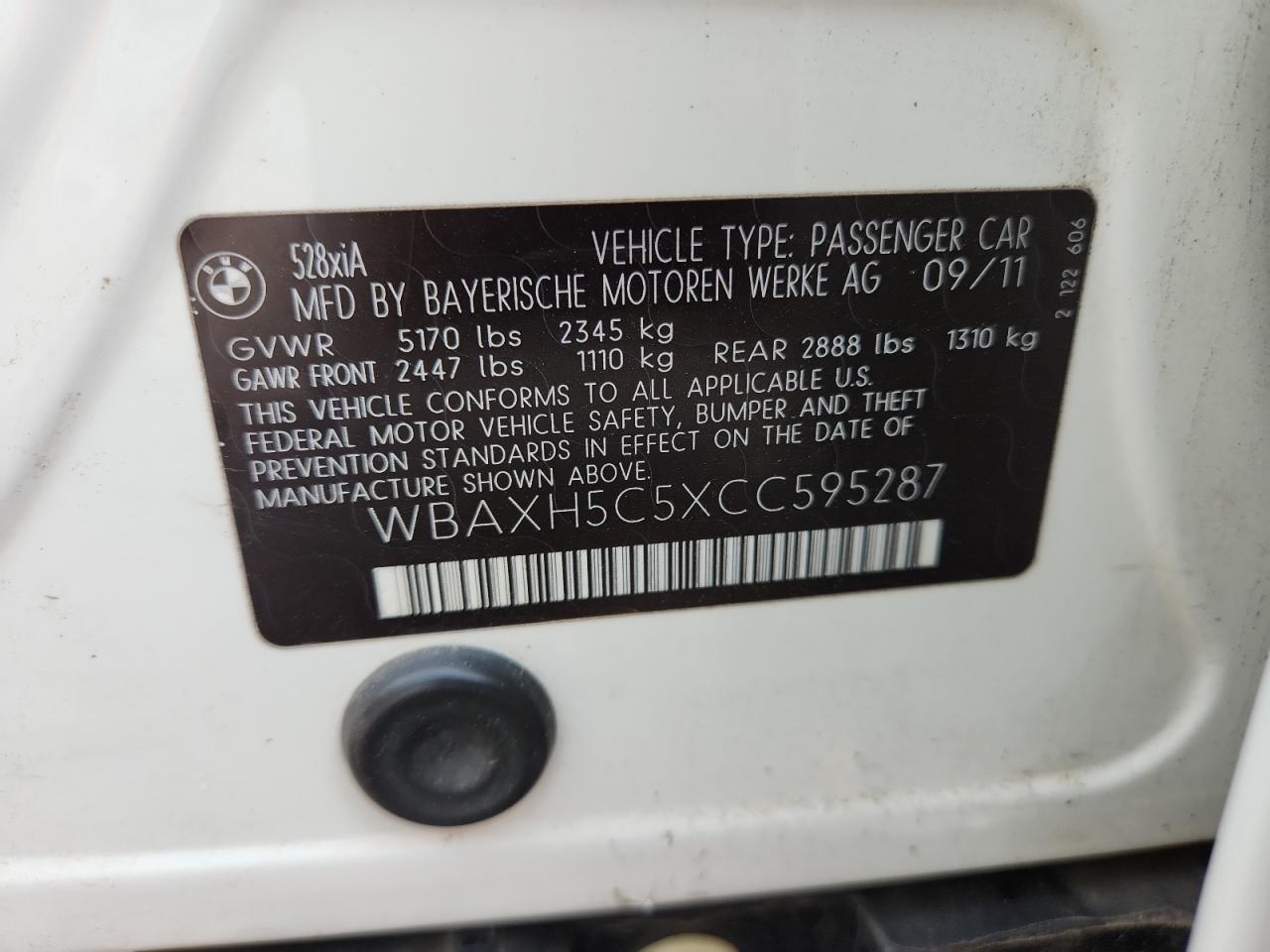 2012 BMW 528 Xi VIN: WBAXH5C5XCC595287 Lot: 63836385