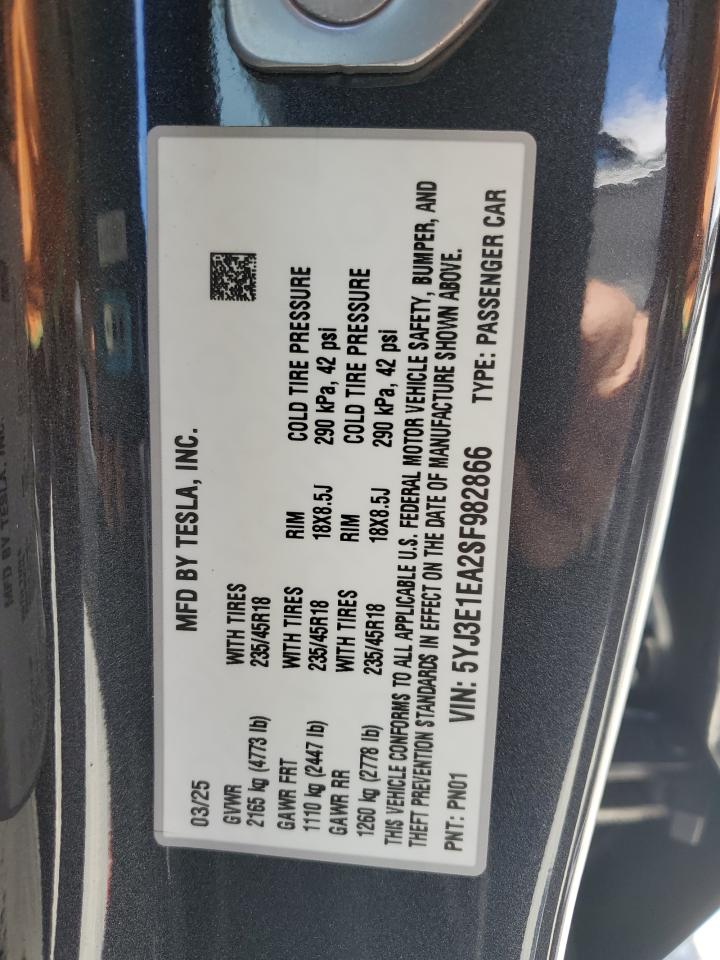 2025 Tesla Model 3 VIN: 5YJ3E1EA2SF982866 Lot: 64612105