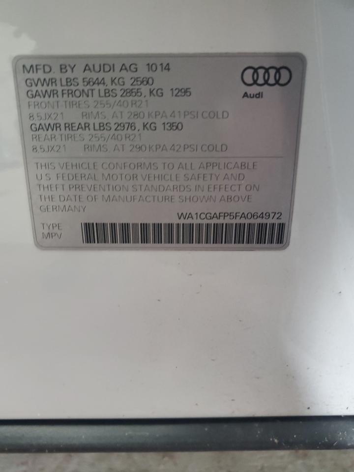 2015 Audi Sq5 Premium Plus VIN: WA1CGAFP5FA064972 Lot: 64854355