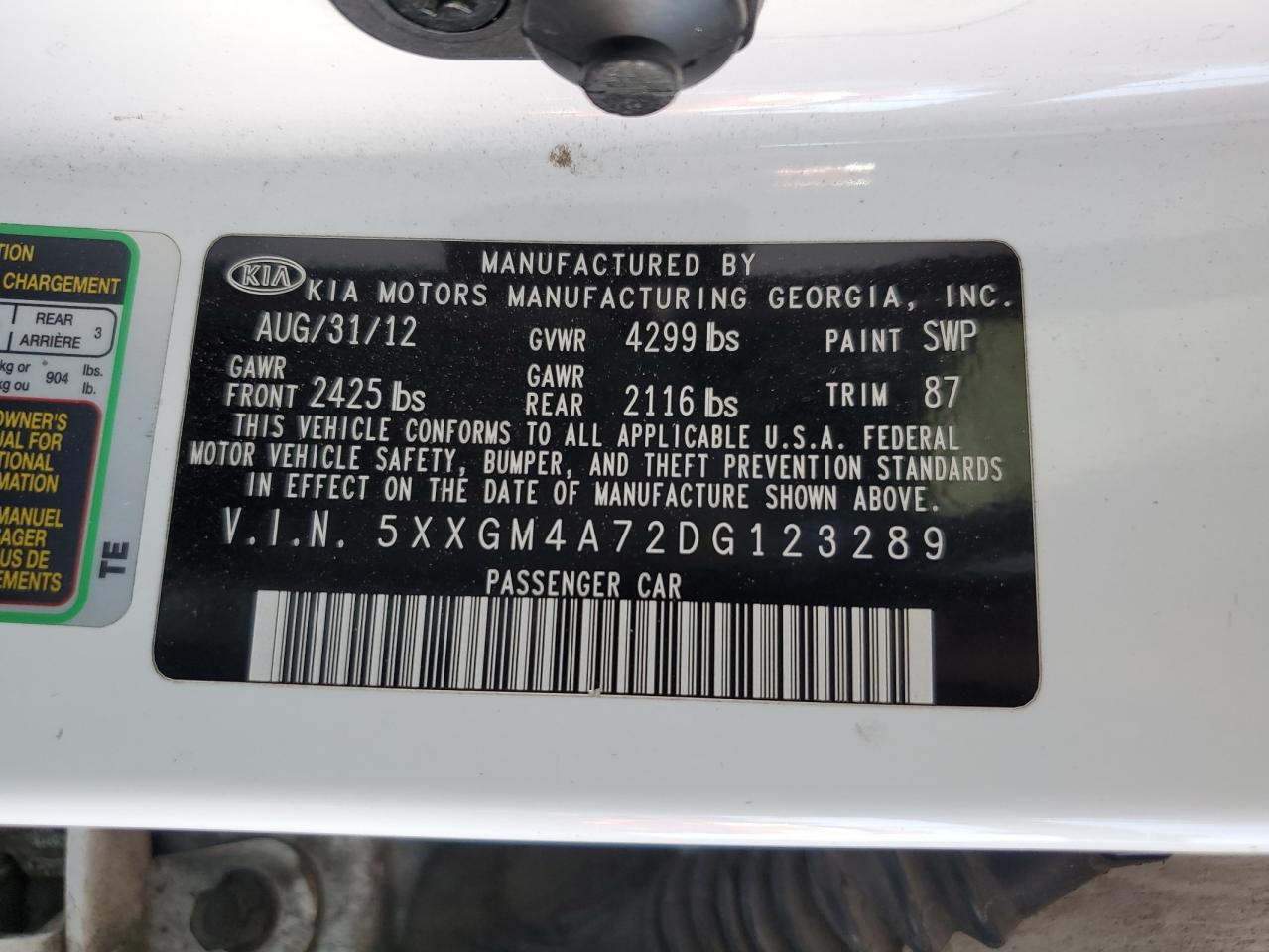 2013 Kia Optima Lx VIN: 5XXGM4A72DG123289 Lot: 65397125