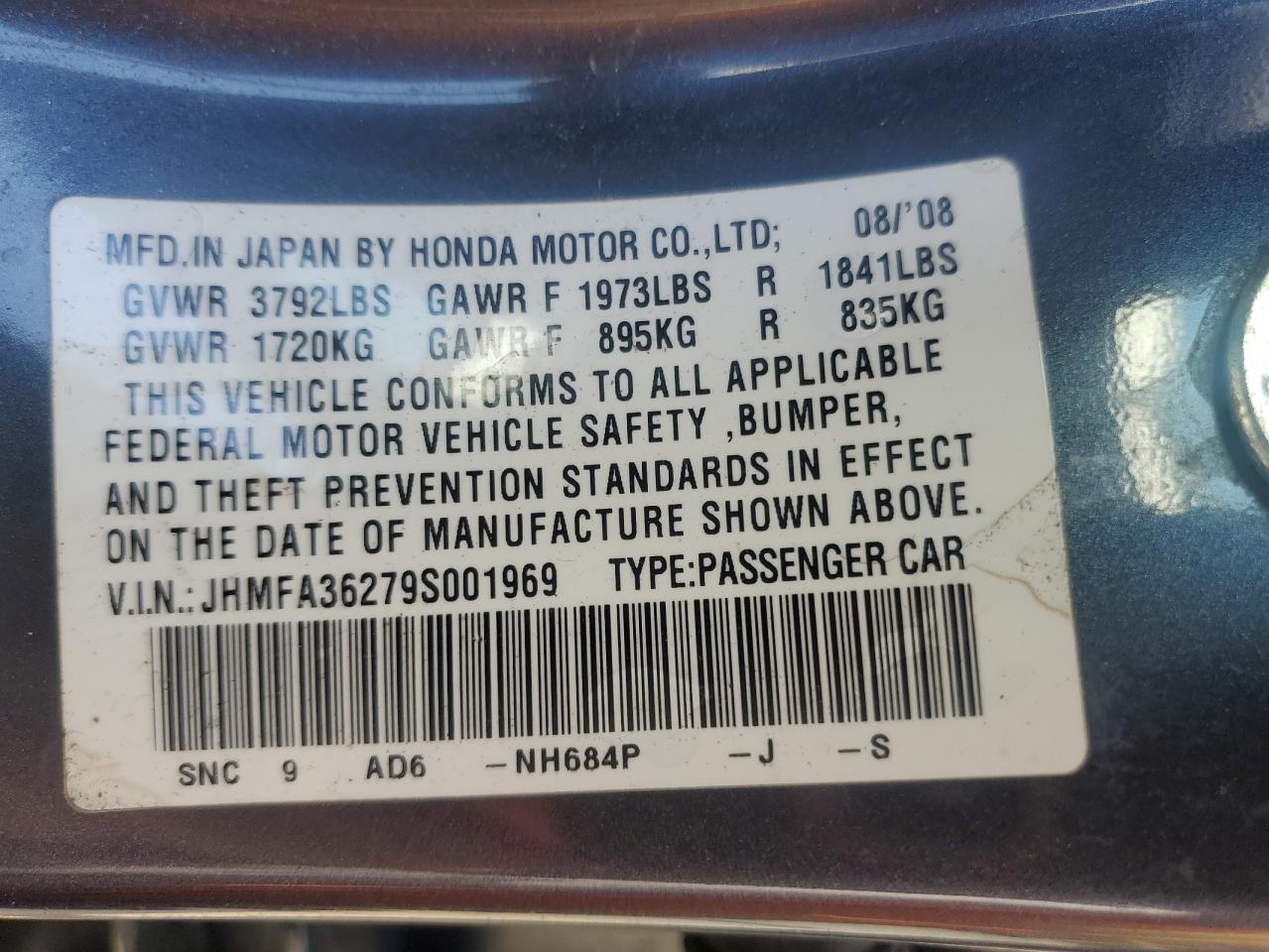 2009 Honda Civic Hybrid VIN: JHMFA36279S001969 Lot: 64952445
