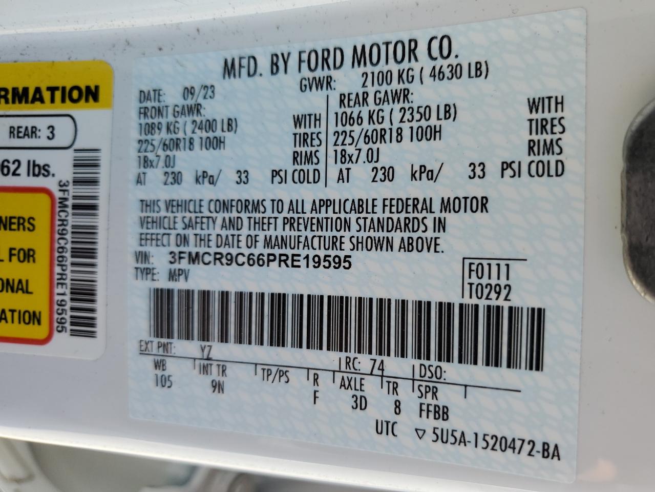 2023 Ford Bronco Sport Outer Banks VIN: 3FMCR9C66PRE19595 Lot: 62944955