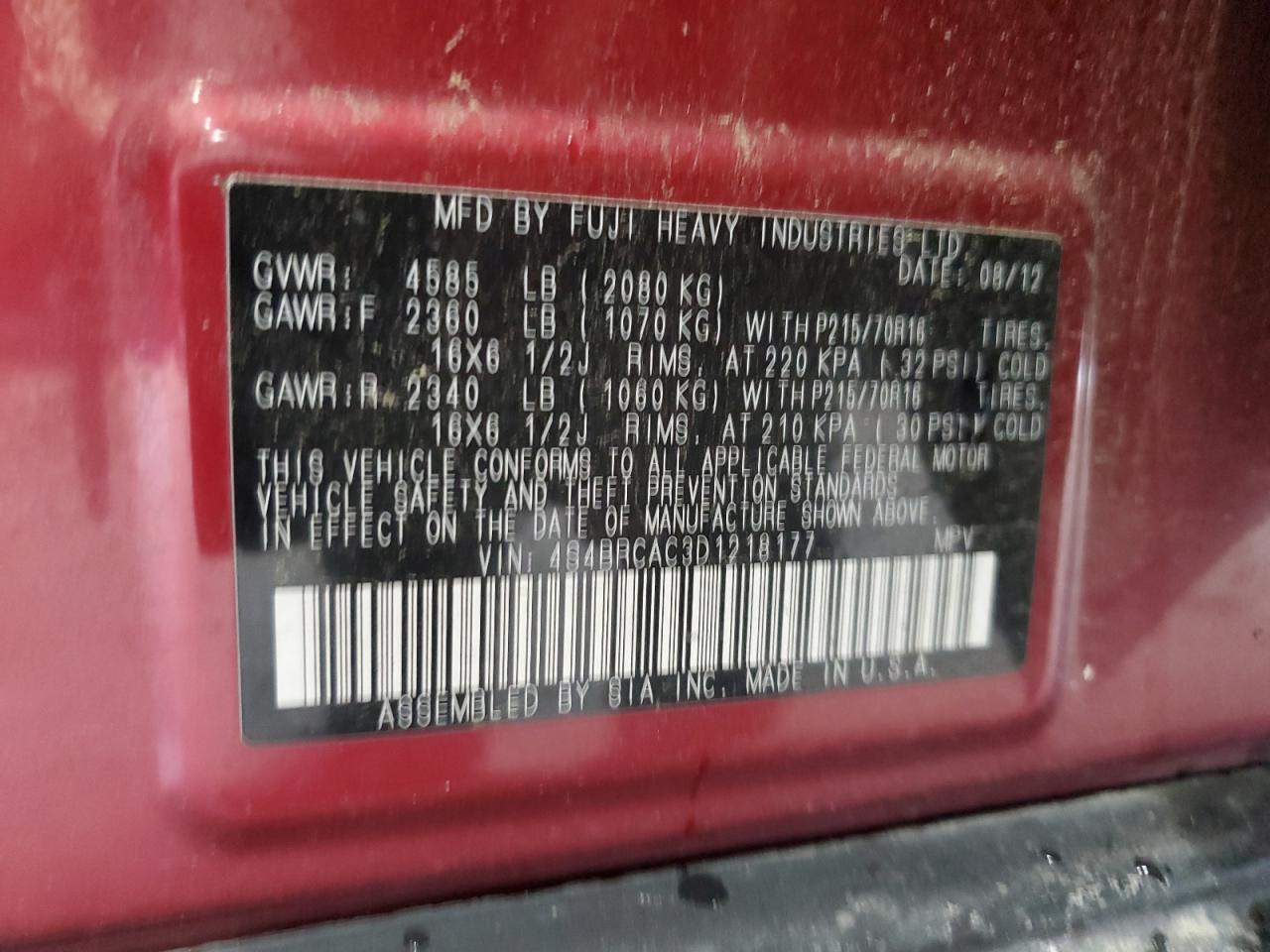 2013 Subaru Outback 2.5I VIN: 4S4BRCAC3D1218177 Lot: 63193125