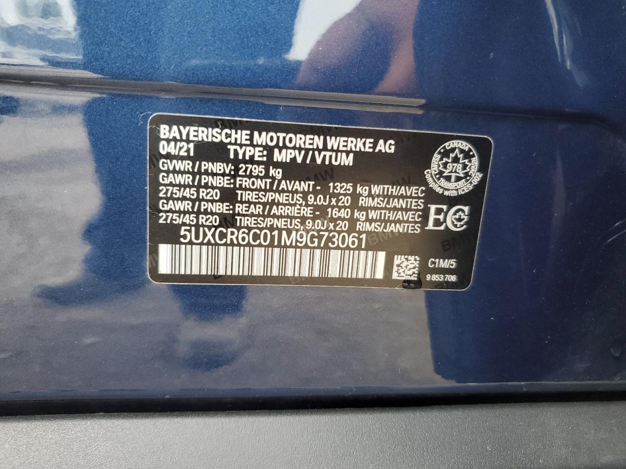 2021 BMW X5 xDrive40I VIN: 5UXCR6C01M9G73061 Lot: 62907365