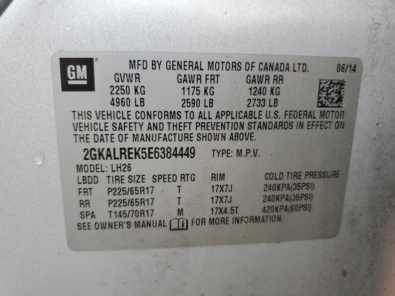 2014 GMC Terrain Sle VIN: 2GKALREK5E6384449 Lot: 62213505