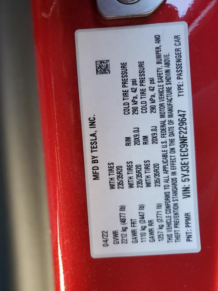 2022 Tesla Model 3 VIN: 5YJ3E1EC9NF229647 Lot: 63116905