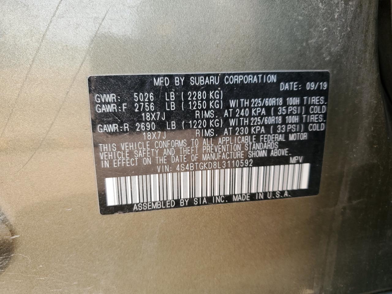 2020 Subaru Outback Onyx Edition Xt VIN: 4S4BTGKD8L3110592 Lot: 64863745