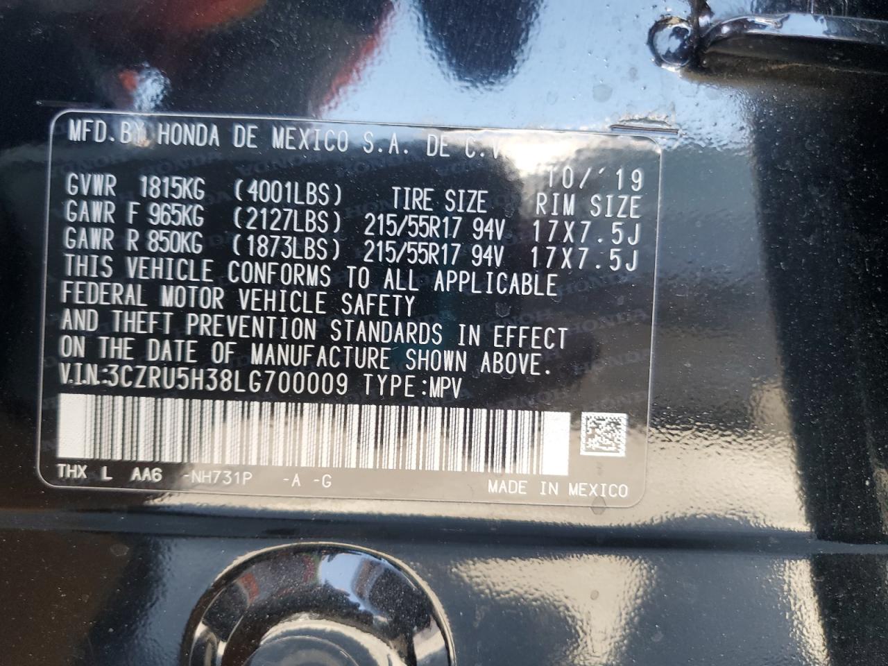 2020 Honda Hr-V Lx VIN: 3CZRU5H38LG700009 Lot: 66958445