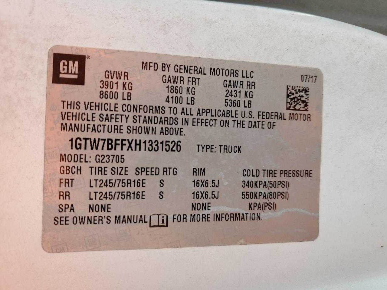 2017 GMC Savana G2500 VIN: 1GTW7BFFXH1331526 Lot: 65375535