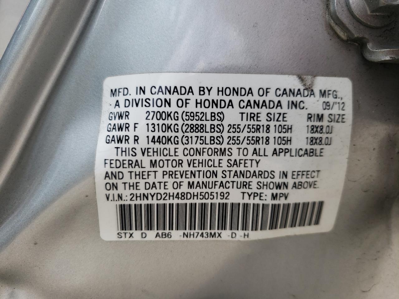 2013 Acura Mdx Technology VIN: 2HNYD2H48DH505192 Lot: 62891855