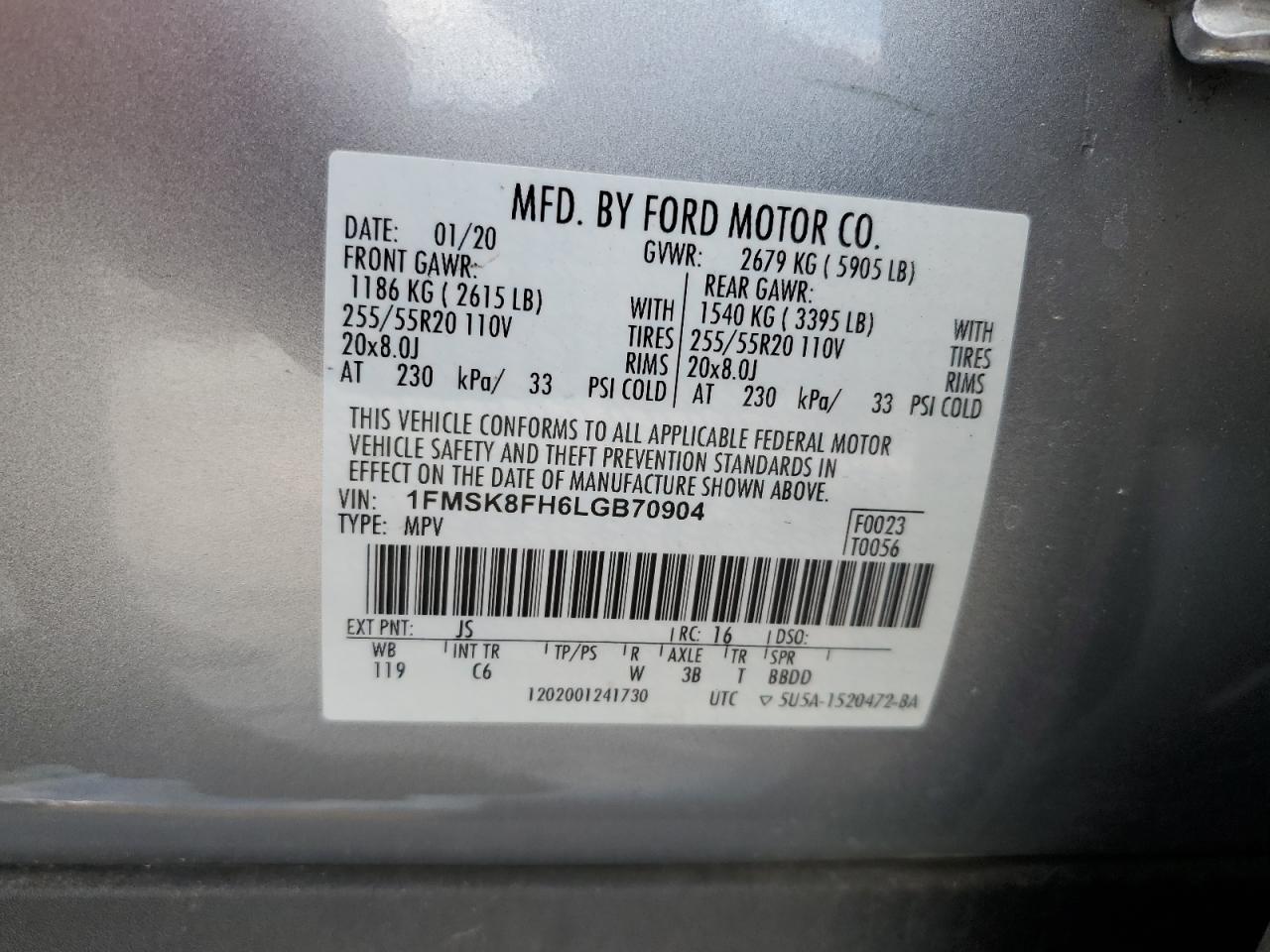 2020 Ford Explorer Limited VIN: 1FMSK8FH6LGB70904 Lot: 64649295