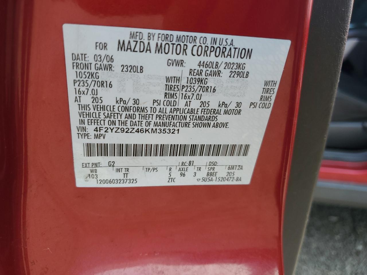 4f2yz92z46km35321 4F2YZ92Z46KM35321 2006 Mazda Tribute I