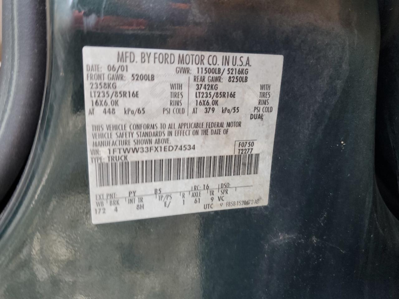 2001 Ford F350 Super Duty VIN: 1FTWW33FX1ED74534 Lot: 63792265