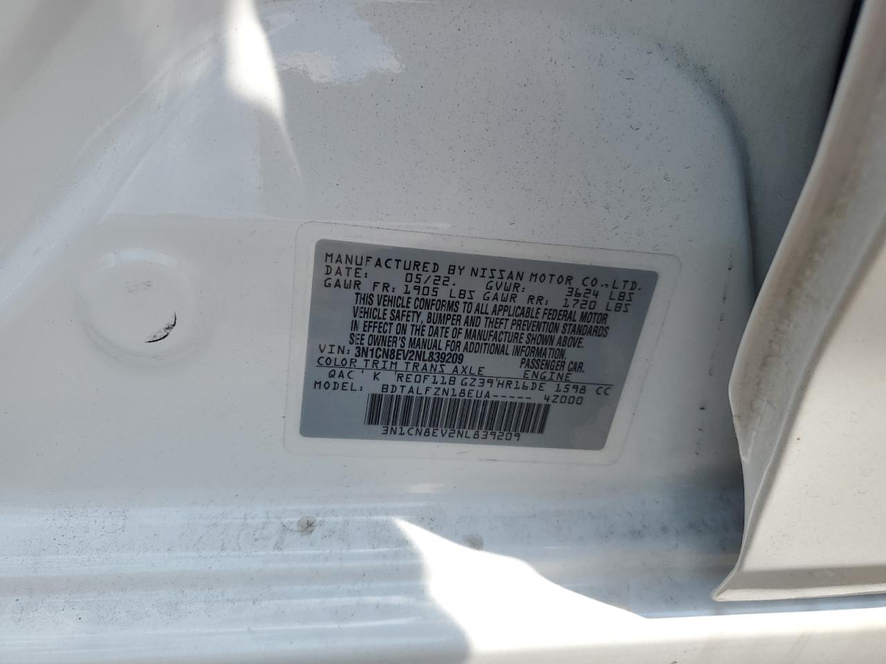 2022 Nissan Versa Sv VIN: 3N1CN8EV2NL839209 Lot: 64813485