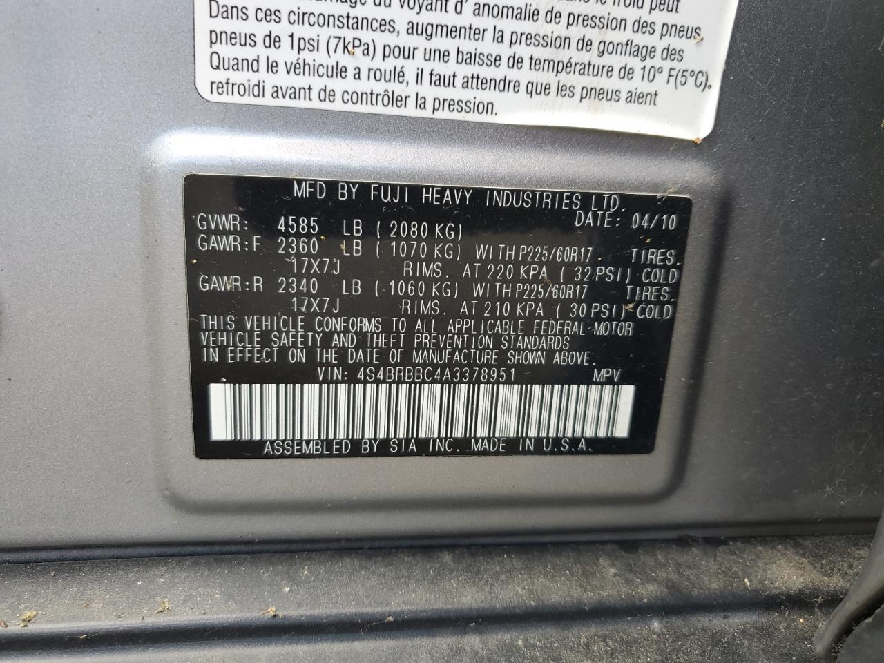 2010 Subaru Outback 2.5I Premium VIN: 4S4BRBBC4A3378951 Lot: 65034085