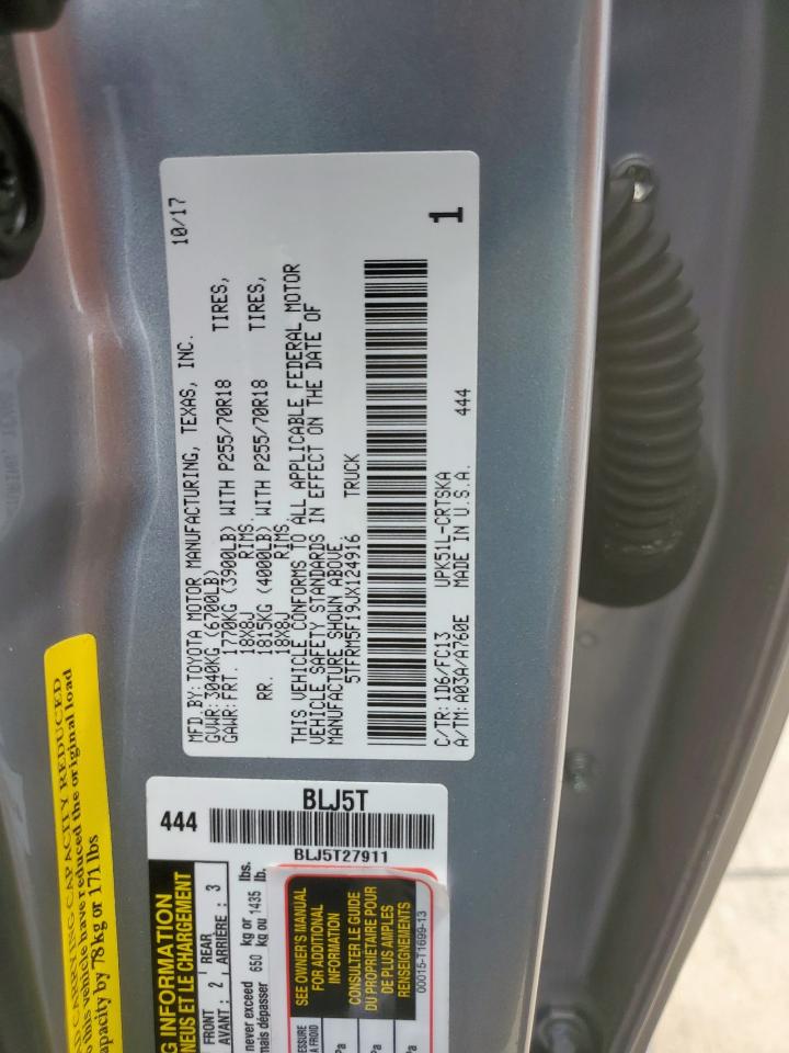 2018 Toyota Tundra Double Cab Sr VIN: 5TFRM5F19JX124916 Lot: 63428335