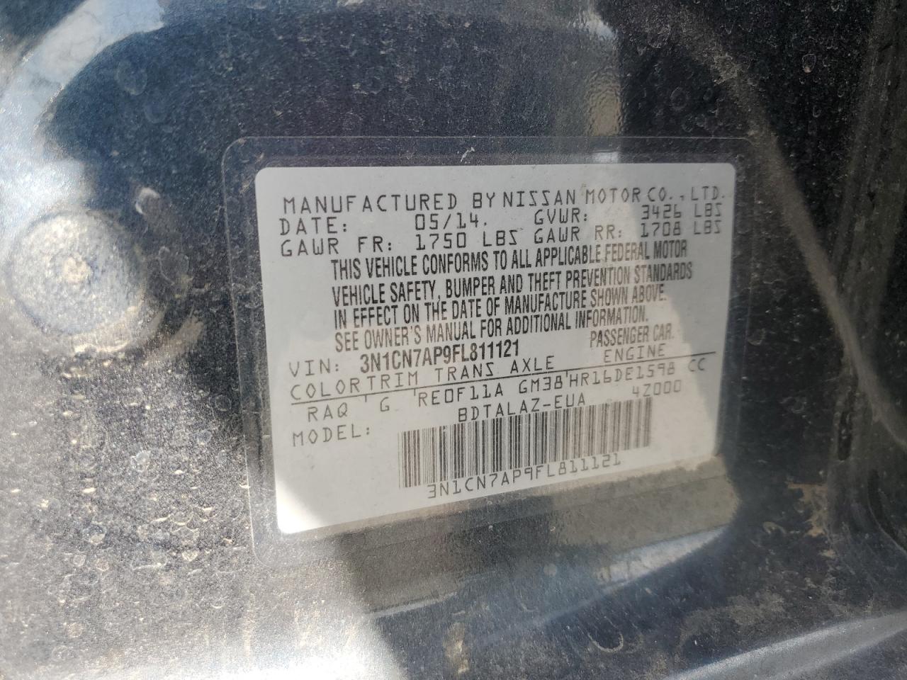 2015 Nissan Versa S VIN: 3N1CN7AP9FL811121 Lot: 66557225