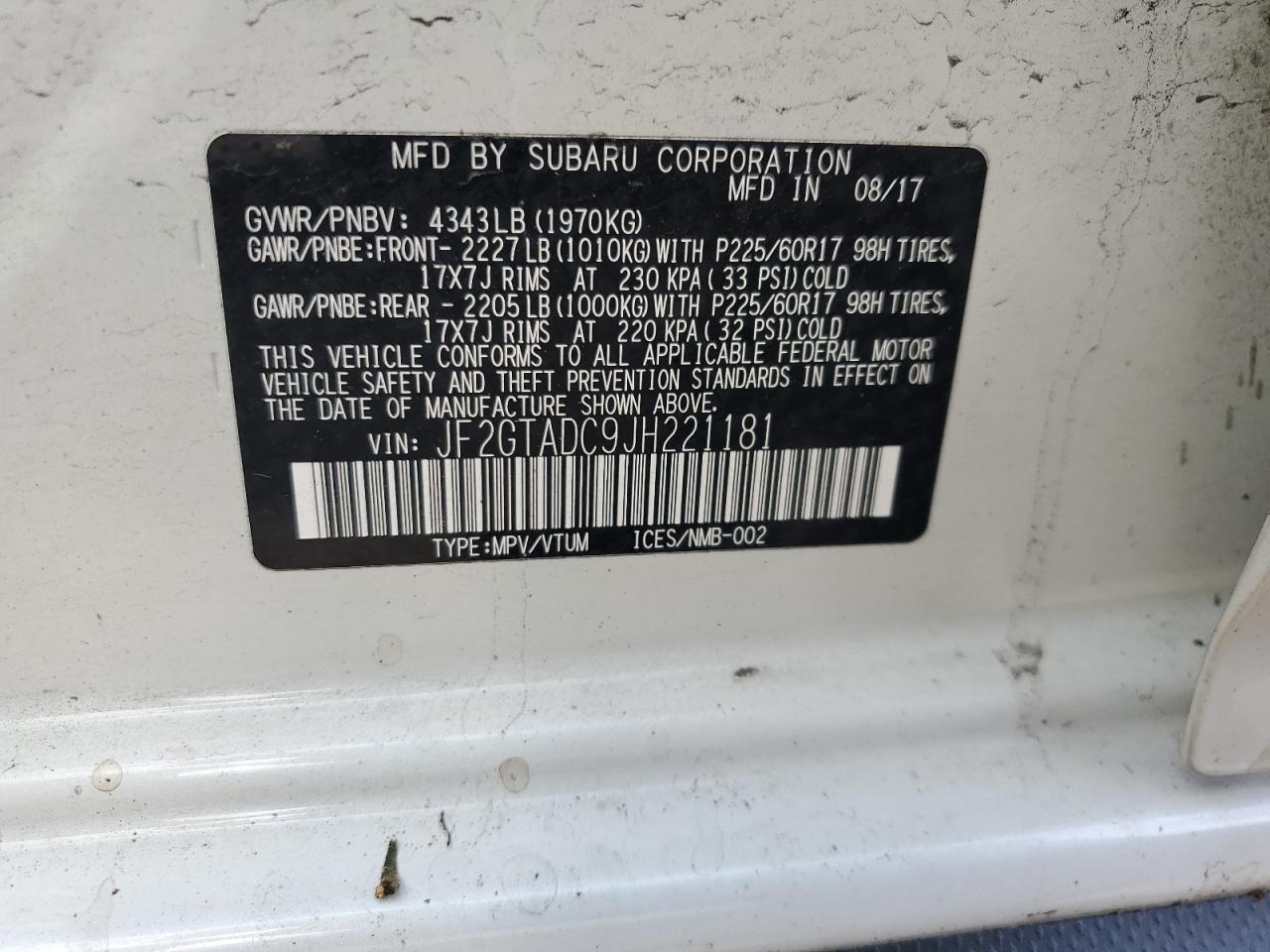 2018 Subaru Crosstrek Premium VIN: JF2GTADC9JH221181 Lot: 65067695