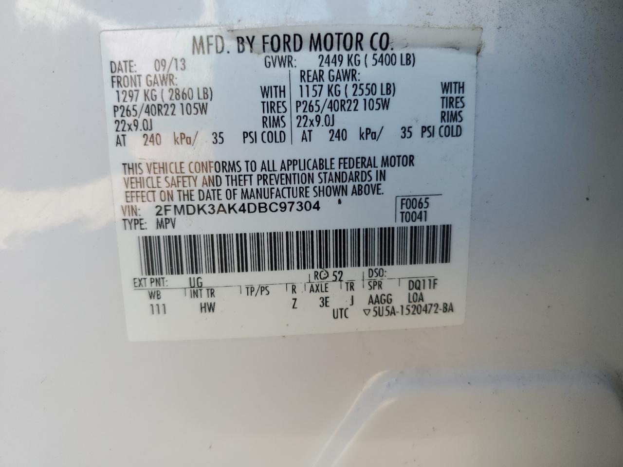 2013 Ford Edge Sport VIN: 2FMDK3AK4DBC97304 Lot: 61827075