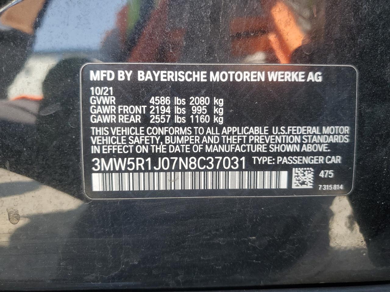 2022 BMW 330I VIN: 3MW5R1J07N8C37031 Lot: 64571865