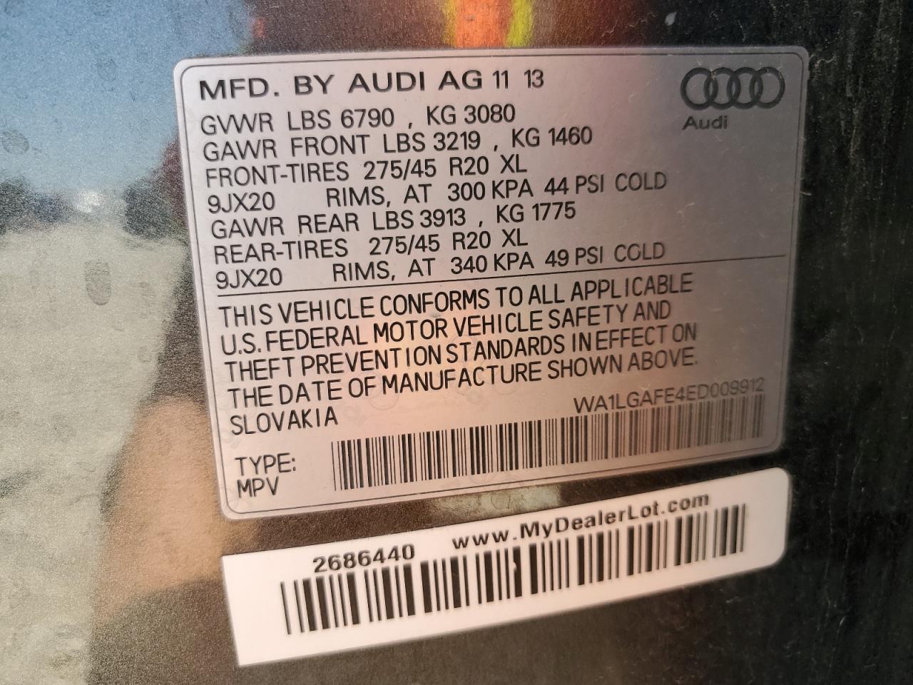 2014 Audi Q7 Premium Plus VIN: WA1LGAFE4ED009912 Lot: 64220425
