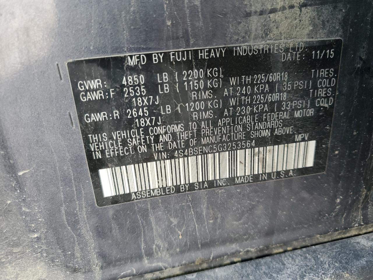 2016 Subaru Outback 3.6R Limited VIN: 4S4BSENC5G3253564 Lot: 66106225