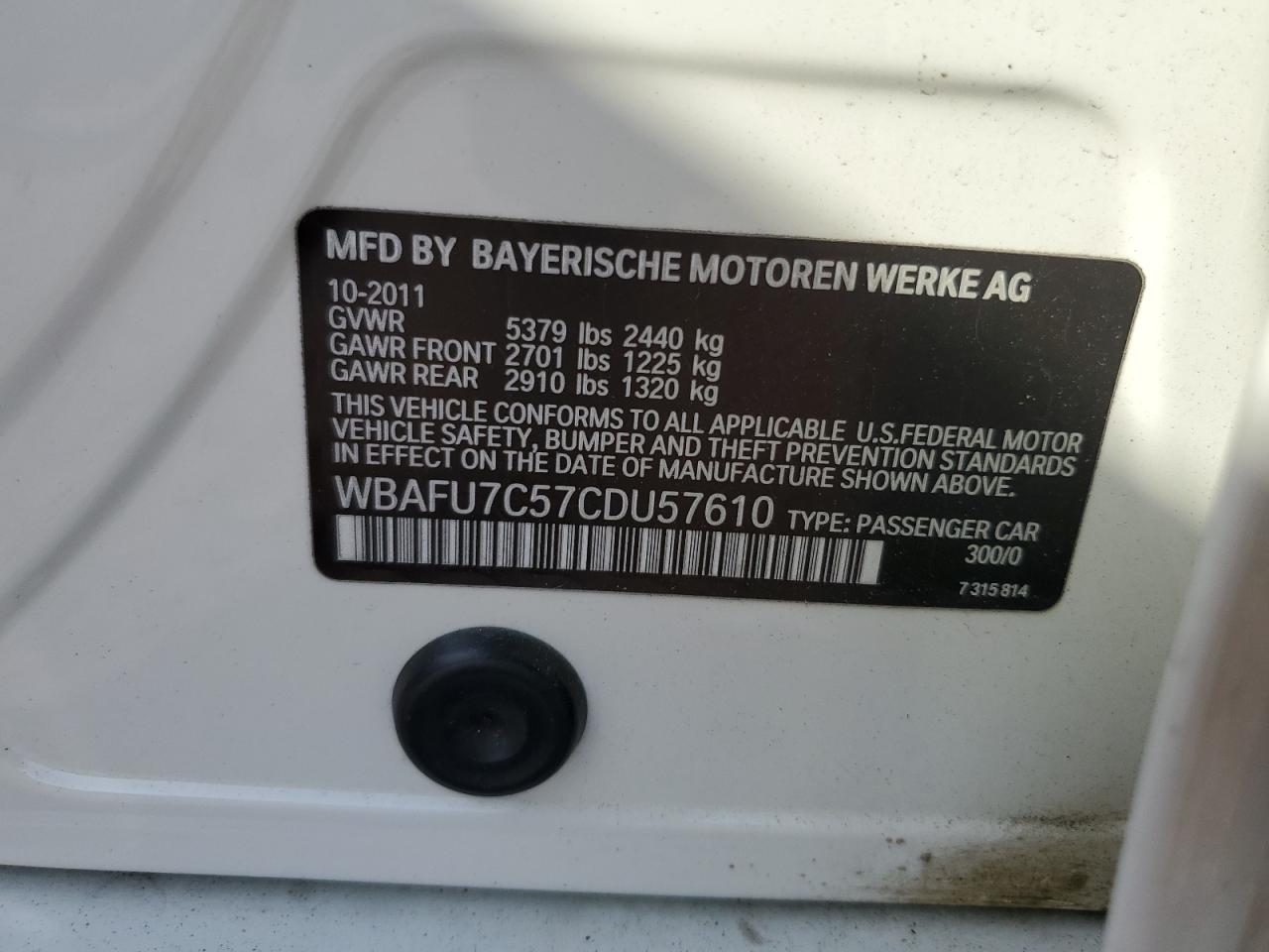 2012 BMW 535 Xi VIN: WBAFU7C57CDU57610 Lot: 62555015