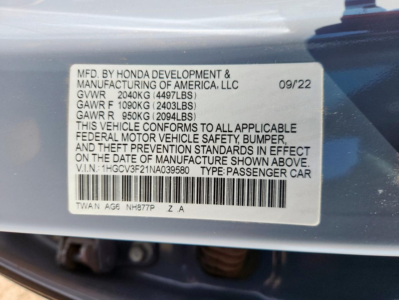 2022 Honda Accord Hybrid Sport VIN: 1HGCV3F21NA039580 Lot: 63567665