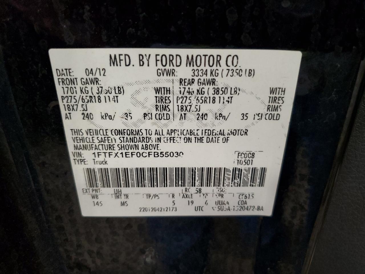 2012 Ford F150 Super Cab VIN: 1FTFX1EF0CFB55030 Lot: 64455415