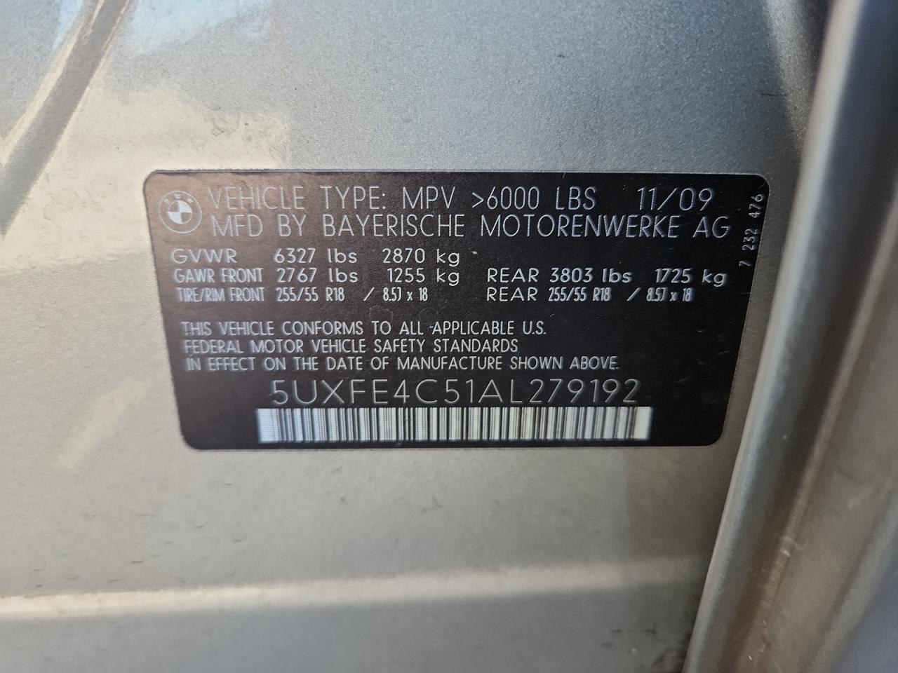 2010 BMW X5 xDrive30I VIN: 5UXFE4C51AL279192 Lot: 64861595