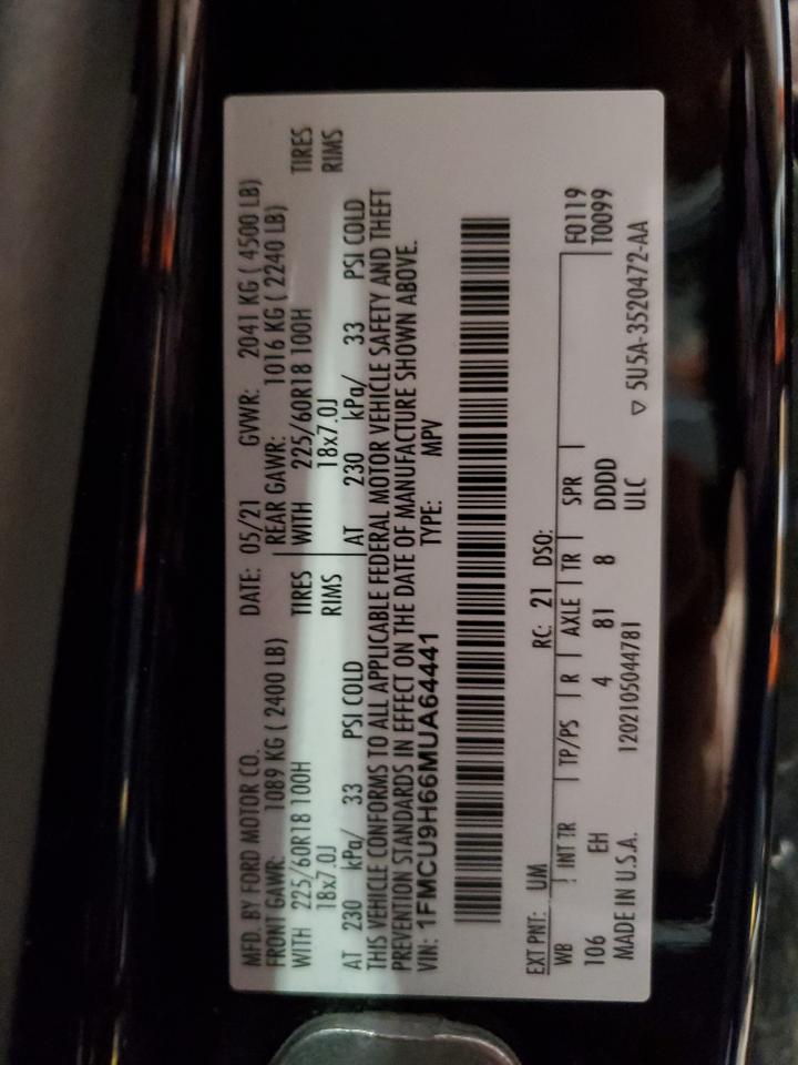 2021 Ford Escape Sel VIN: 1FMCU9H66MUA64441 Lot: 64390475