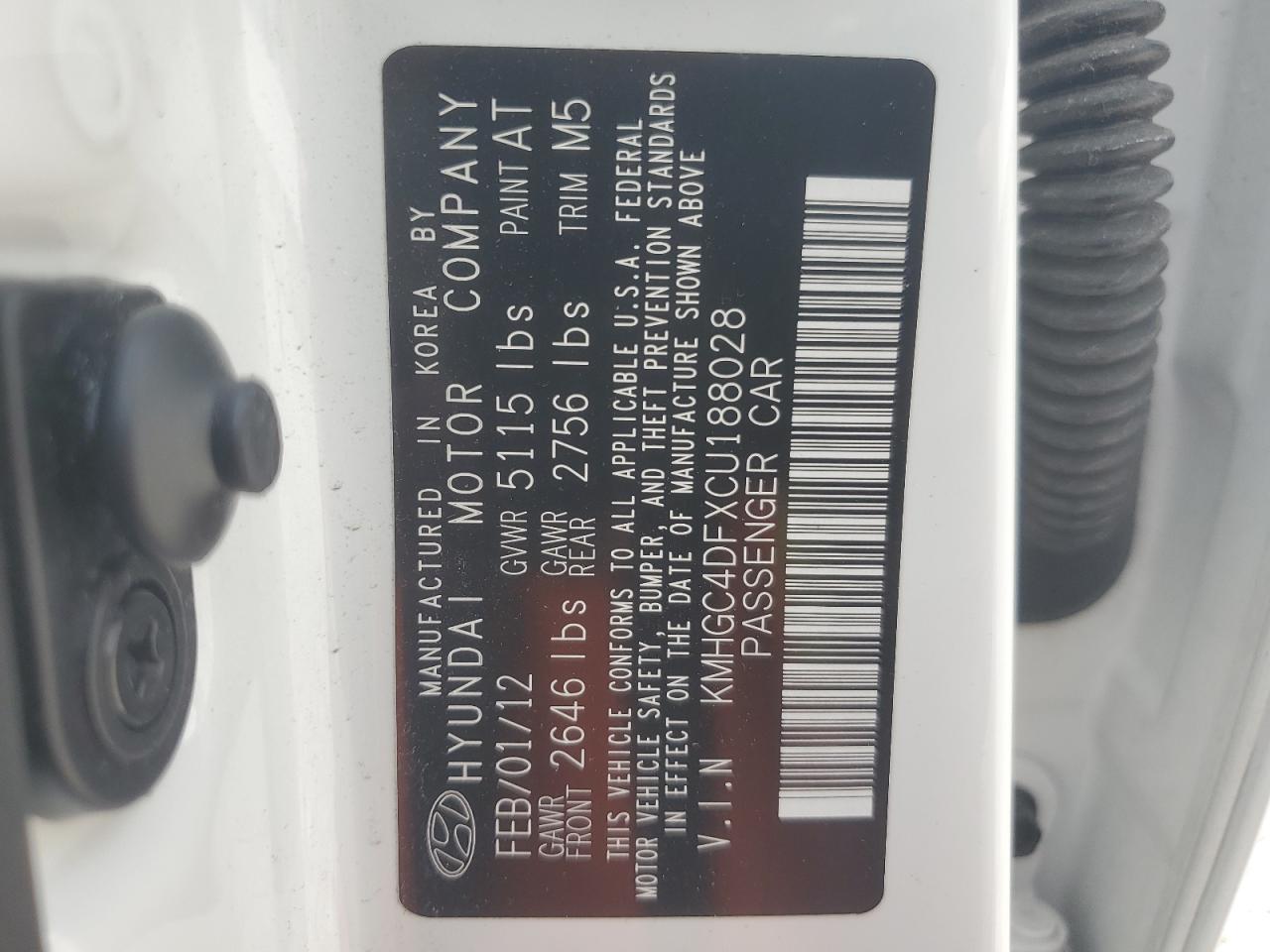2012 Hyundai Genesis 4.6L VIN: KMHGC4DFXCU188028 Lot: 63472205