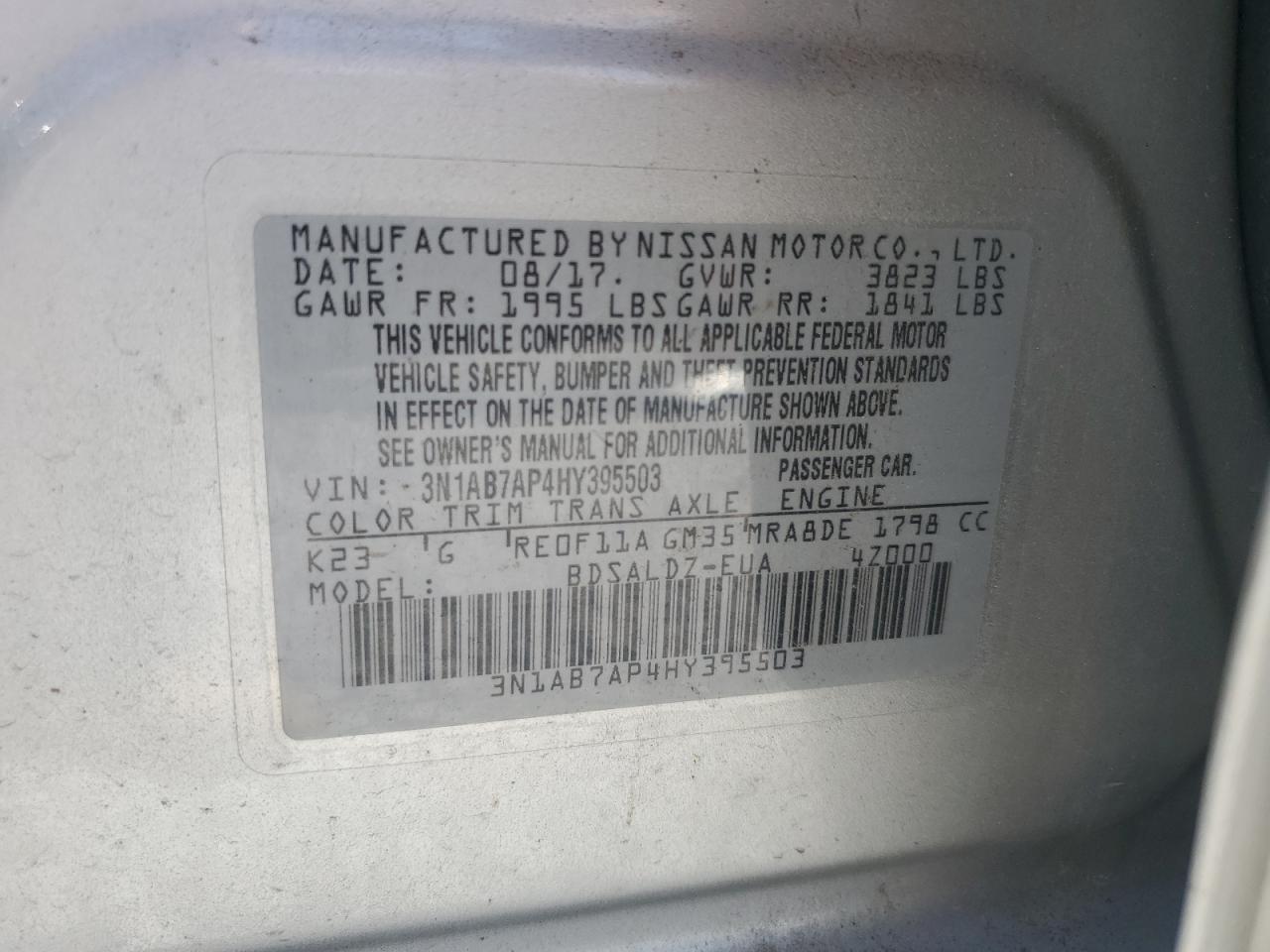 2017 Nissan Sentra S VIN: 3N1AB7AP4HY395503 Lot: 65056315