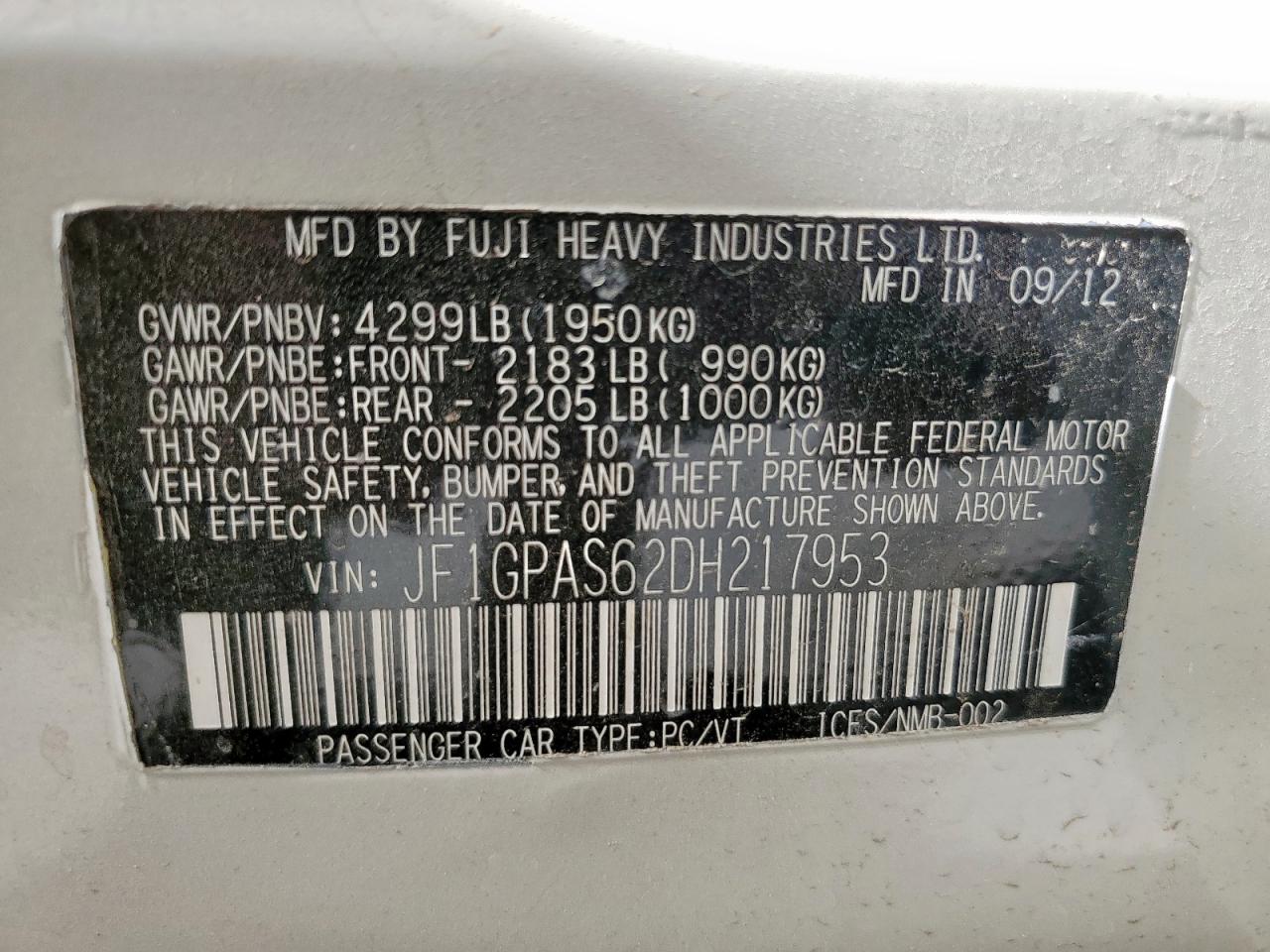 2013 Subaru Impreza Sport Limited VIN: JF1GPAS62DH217953 Lot: 65445435