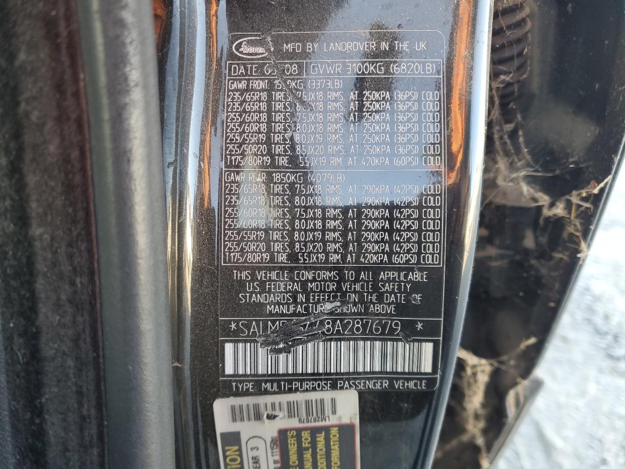 2008 Land Rover Range Rover Hse VIN: SALMF15448A287679 Lot: 63942905