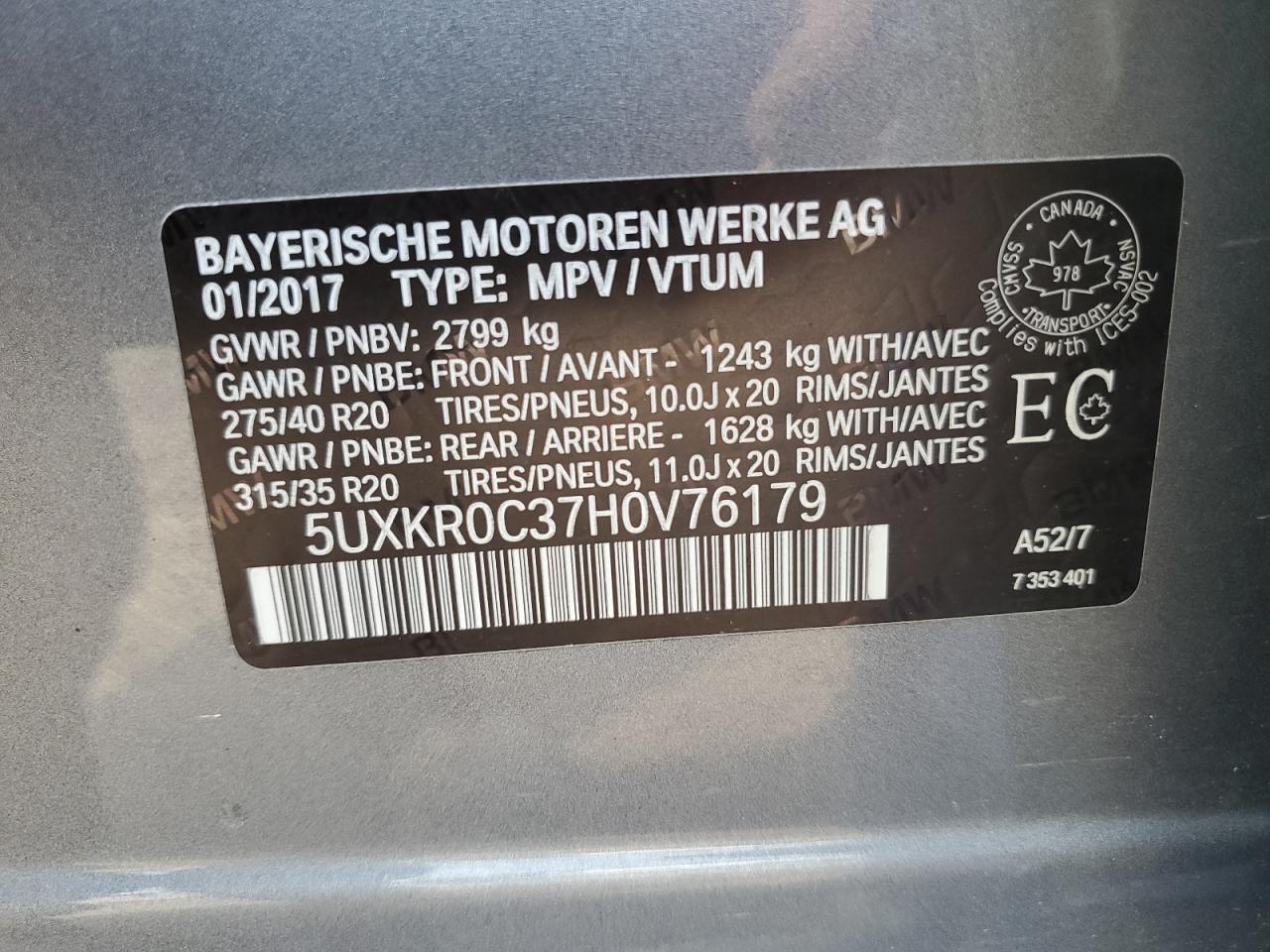 2017 BMW X5 xDrive35I VIN: 5UXKR0C37H0V76179 Lot: 64289735
