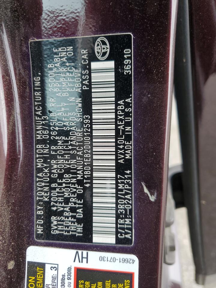 2013 Toyota Avalon Hybrid VIN: 4T1BD1EB2DU012593 Lot: 63078215