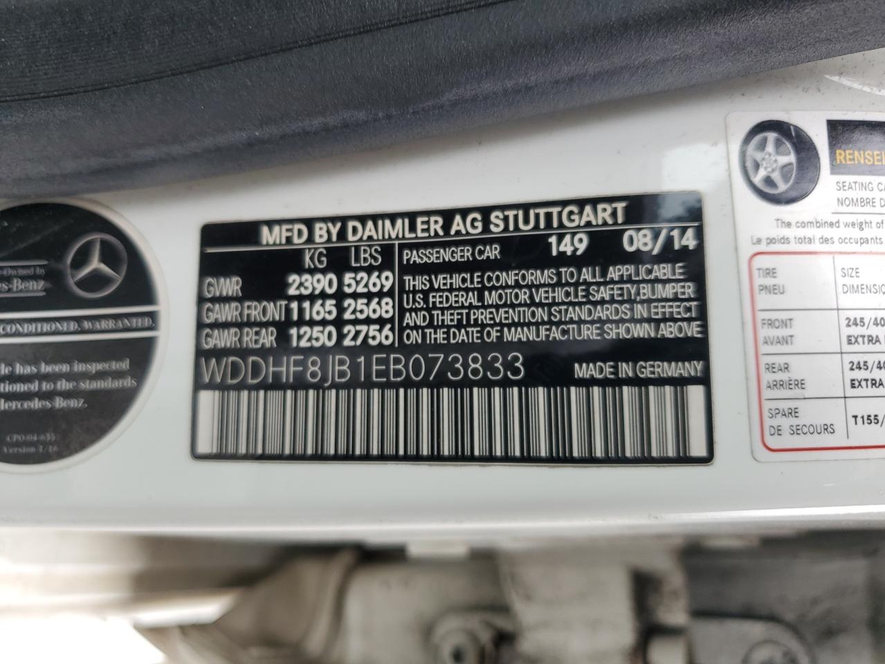 2014 Mercedes-Benz E 350 4Matic VIN: WDDHF8JB1EB073833 Lot: 64206255