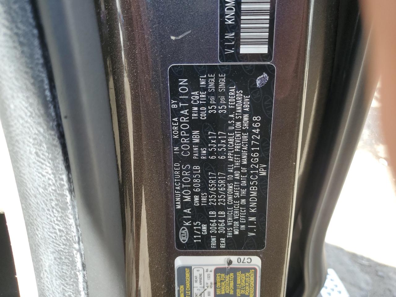 2016 Kia Sedona Lx VIN: KNDMB5C12G6172468 Lot: 62960095