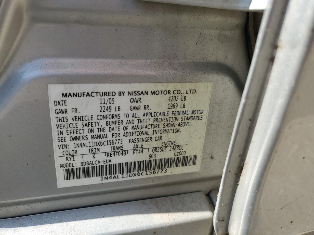 2006 Nissan Altima S VIN: 1N4AL11DX6C156773 Lot: 64889525