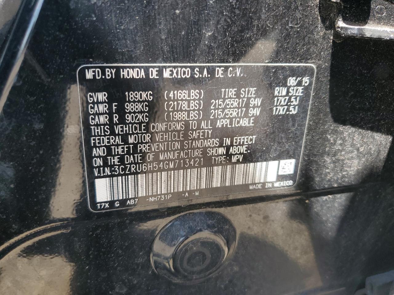 2016 Honda Hr-V Ex VIN: 3CZRU6H54GM713421 Lot: 63626715