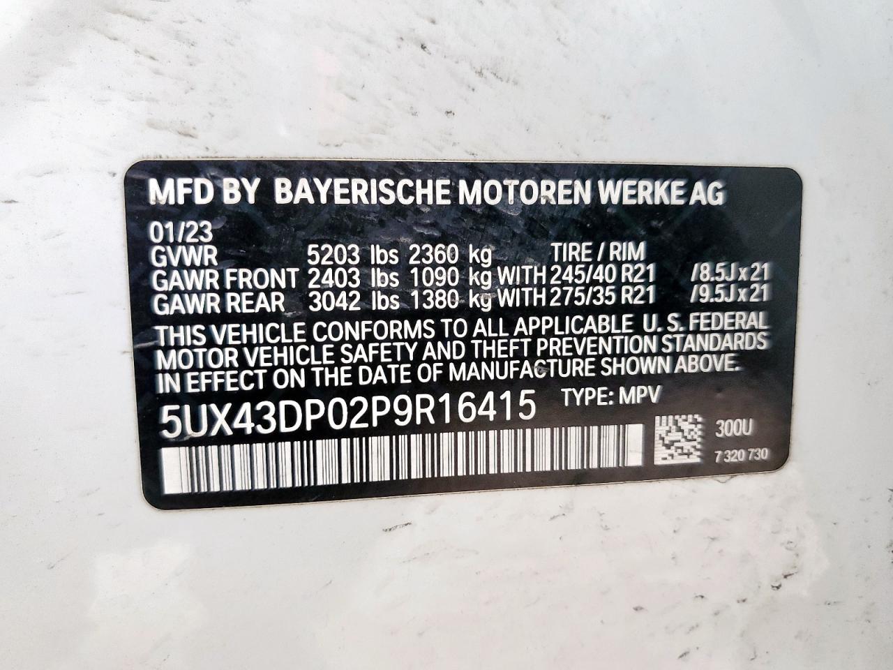 2023 BMW X3 Sdrive30I VIN: 5UX43DP02P9R16415 Lot: 63439685