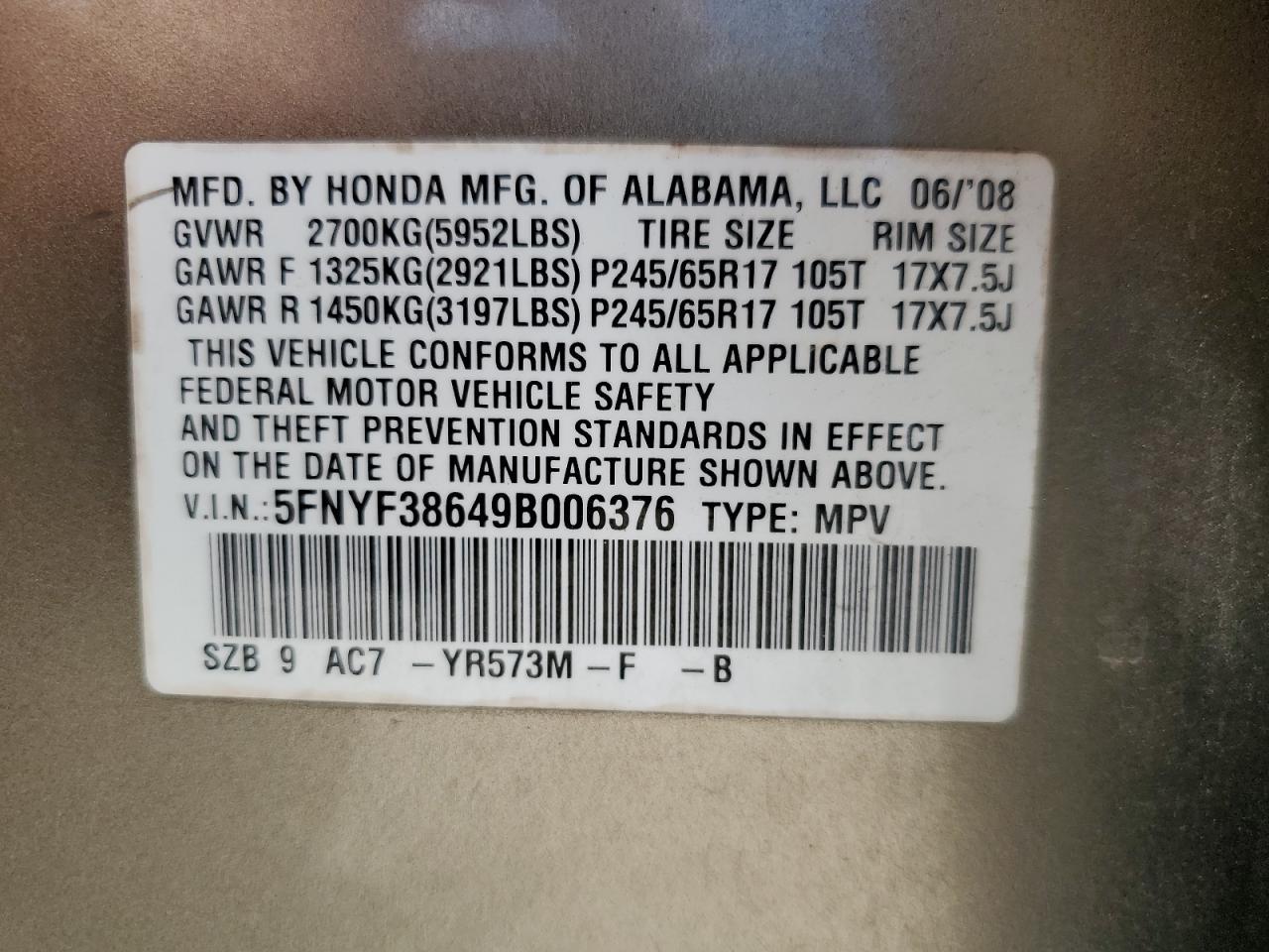 2009 Honda Pilot Exl VIN: 5FNYF38649B006376 Lot: 65509745