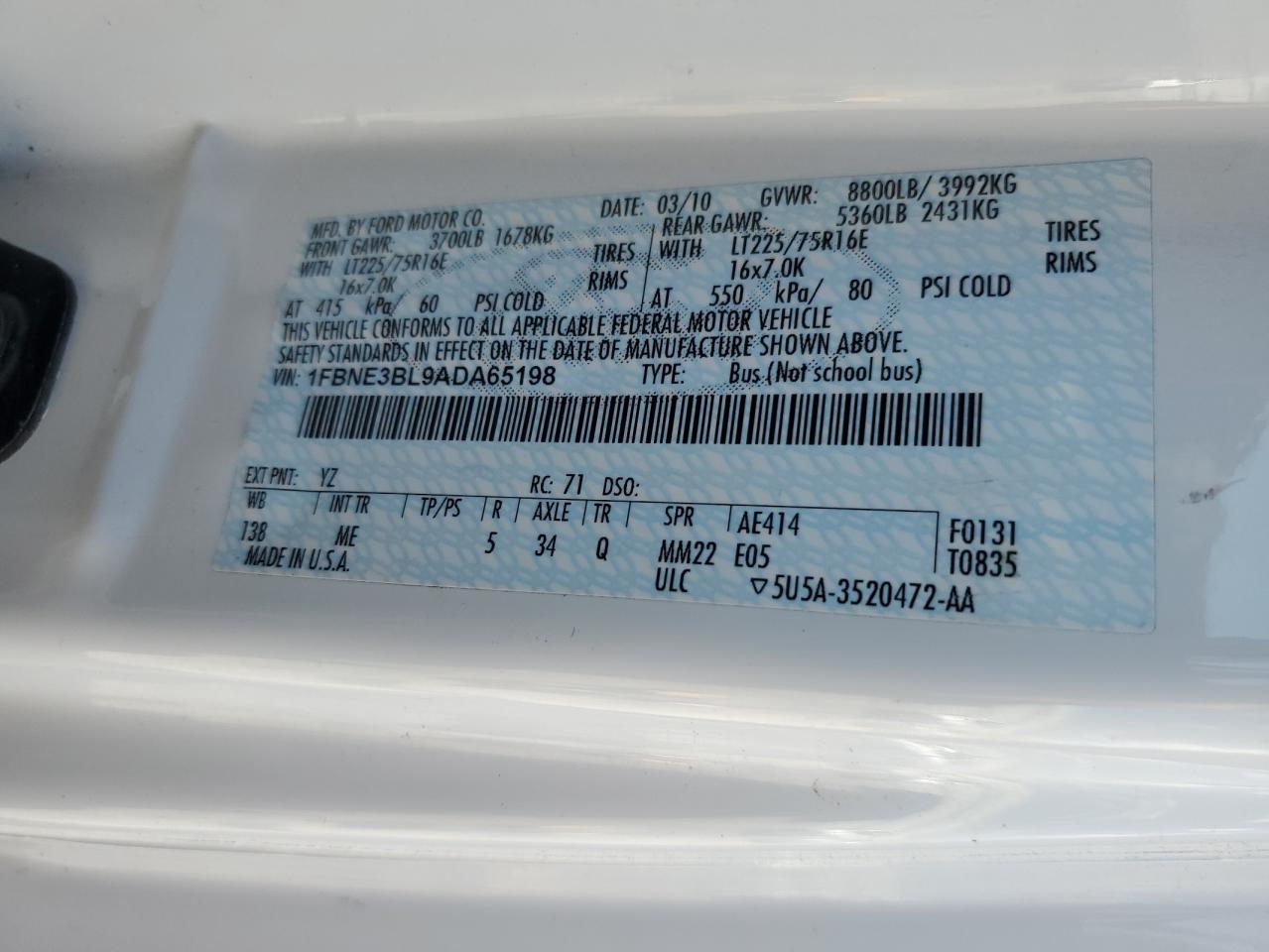 2010 Ford Econoline E350 Super Duty Wagon VIN: 1FBNE3BL9ADA65198 Lot: 63883015