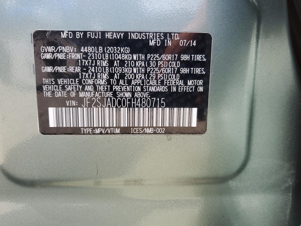 2015 Subaru Forester 2.5I Premium VIN: JF2SJADC0FH480715 Lot: 65714315