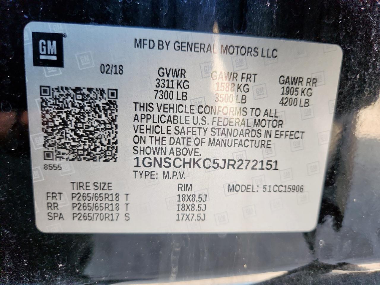2018 Chevrolet Suburban C1500 Lt VIN: 1GNSCHKC5JR272151 Lot: 64613945