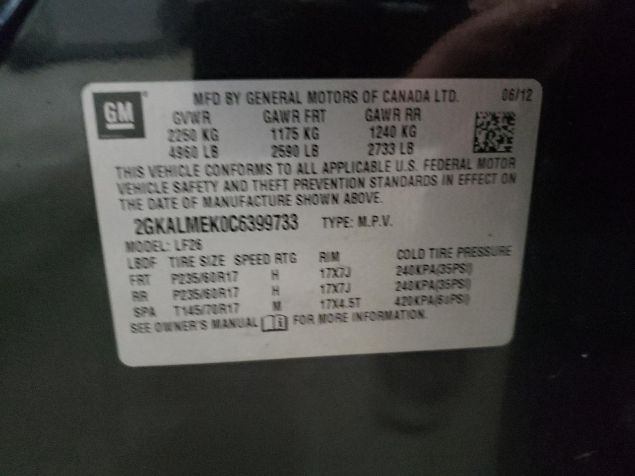 2012 GMC Terrain Sle VIN: 2GKALMEK0C6399733 Lot: 64886735
