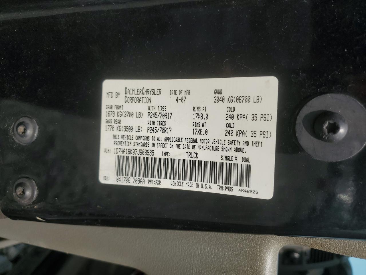 2007 Dodge Ram 1500 St VIN: 1D7HA18K07J603939 Lot: 63998025
